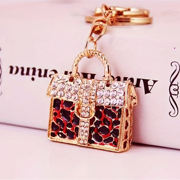 Bag Charm Gold red/black Leopard Print Purse Keychain - Picture 1 of 4